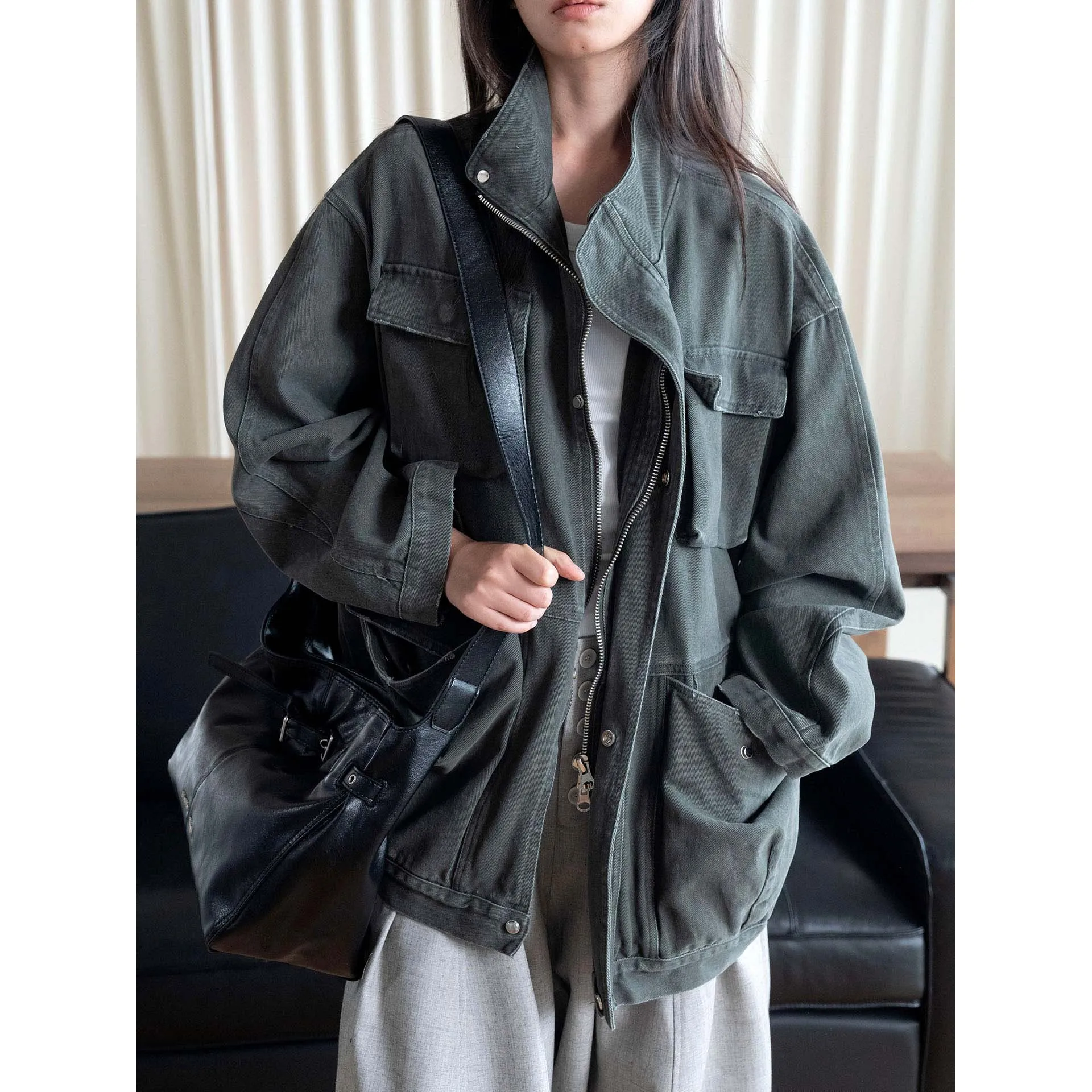 FANAN Women Dark Green Cargo Jacket Stand Collar Multi‑Pocket Zip Button Oversized Loose Casual Outerwear Coat Autumn New