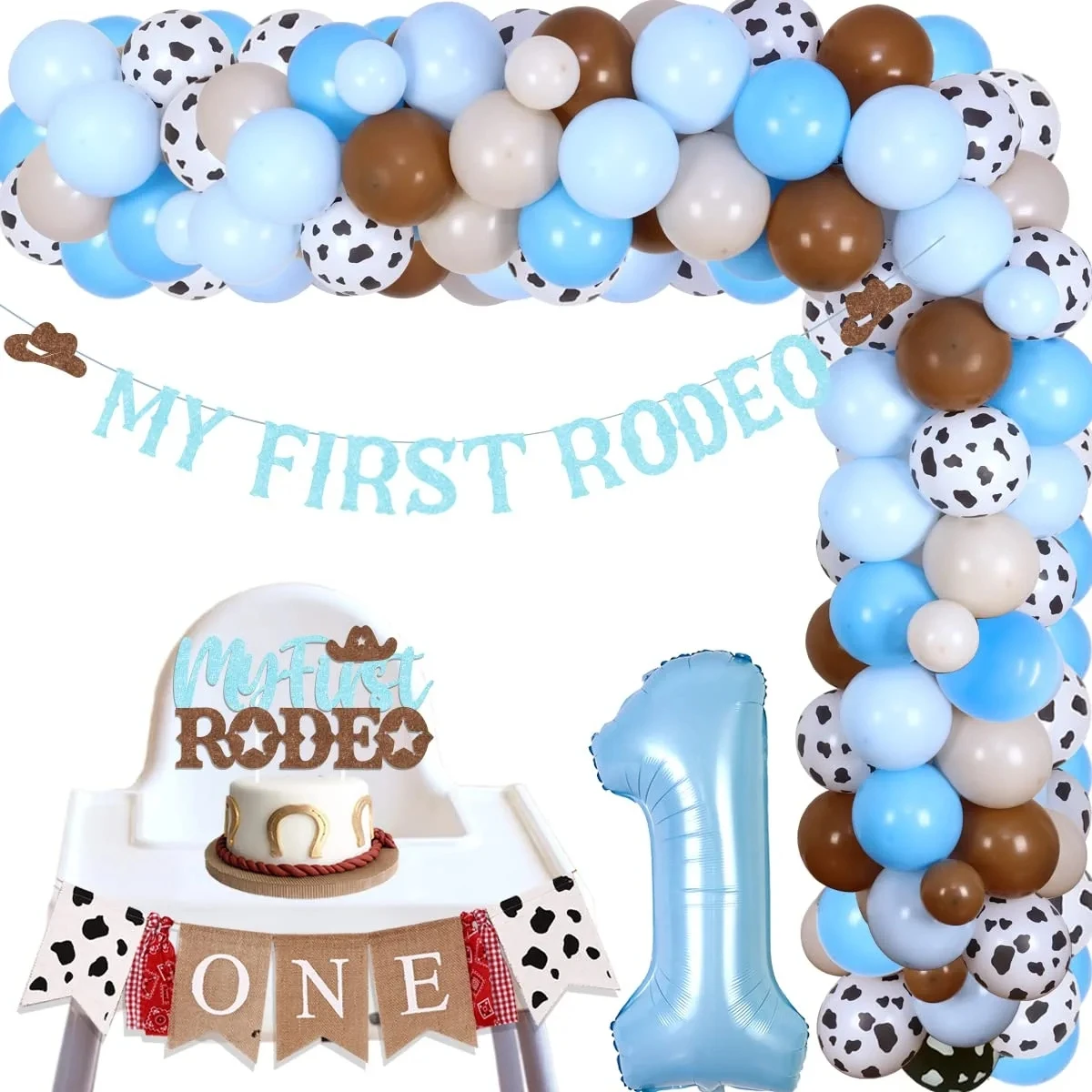 Sursurprise-Cowboy 1st Birthday Decorations, My First Rodeo Banner, Cake Topper, Cow Balloon Garland with Number 1 Foil Balloon