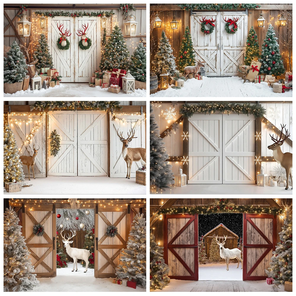 

Christmas Barn Wooden Door Backdrops Child Baby Photo Props Adult Kids Decors Photography Fawn Xmas Tree Photo Studio Background