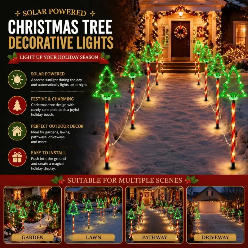 Solar Christmas Tree Stake Lights Warm LED Candy Cane Pole Design For Outdoor Garden Pathway Lawn Yard And Holiday Decoration