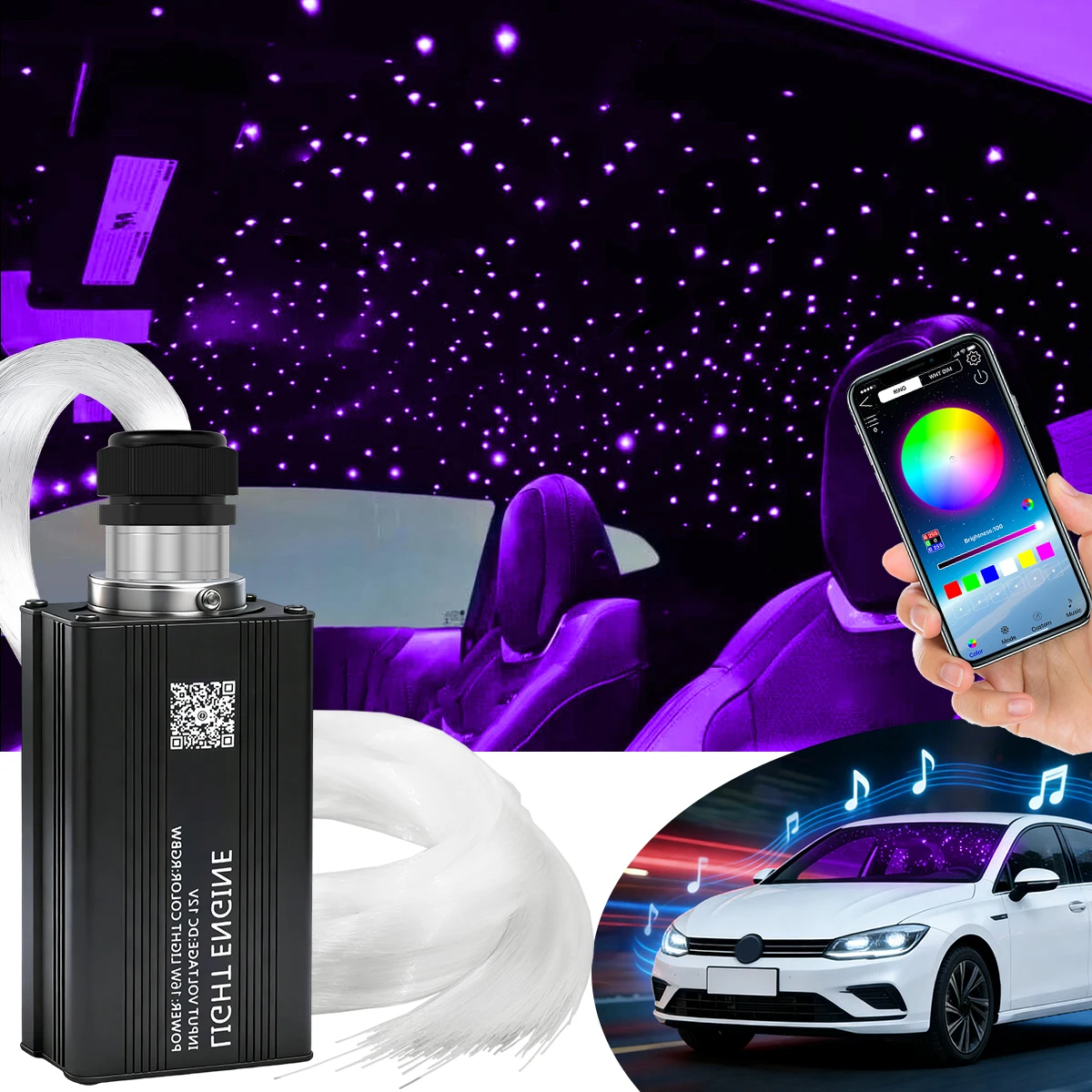 

16W Car and Home Use Bluetooth App 300/500pcs Fiber Optic Star Ceiling Light DIY Kit. RGBW Sound-Activated LED Driver