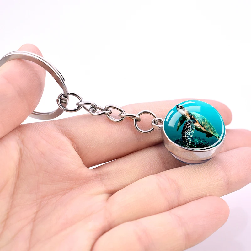 Blue Sea Keychain Marine Organisms Cute Key Chain Double Sided Glass Ball Pendant Dolphins Turtles Starfish Keyring Jewelry Gift