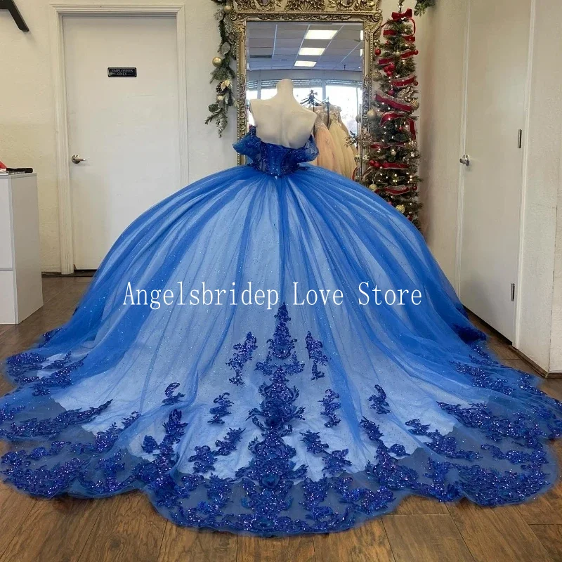 ANGELSBRIDEP Luxury Royal Blue Quinceanera Dresses Crystals Beading Applique Vestidos De 15 Anos Birthday Party Prom Gown Corset