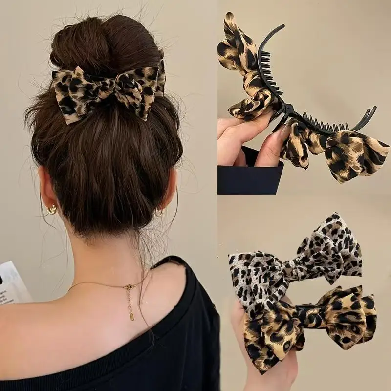 1pc Leopard Bow Hairpin - Retro, Fashionable Fabric. Fixed Hair Shark Clip Ideal for All Hairstyles, Dating & Daily Wear
