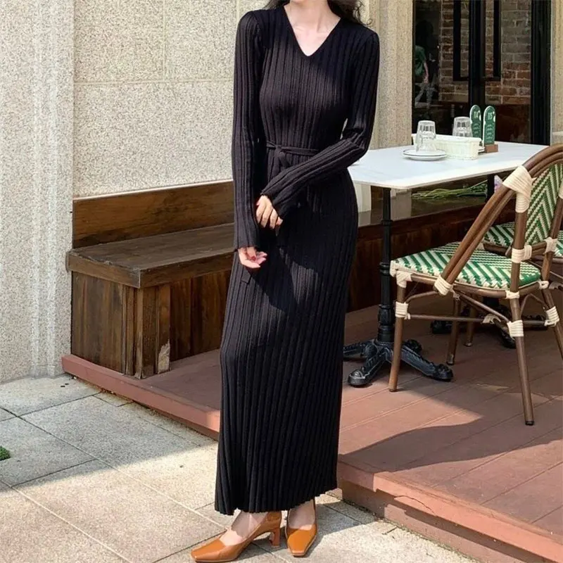 Solid V Neck Long Sleeve Jersey Dress Elegant Fashion Harajuku Slim Fit Female Clothes Loose Casual Sweat All Match Long Skirt