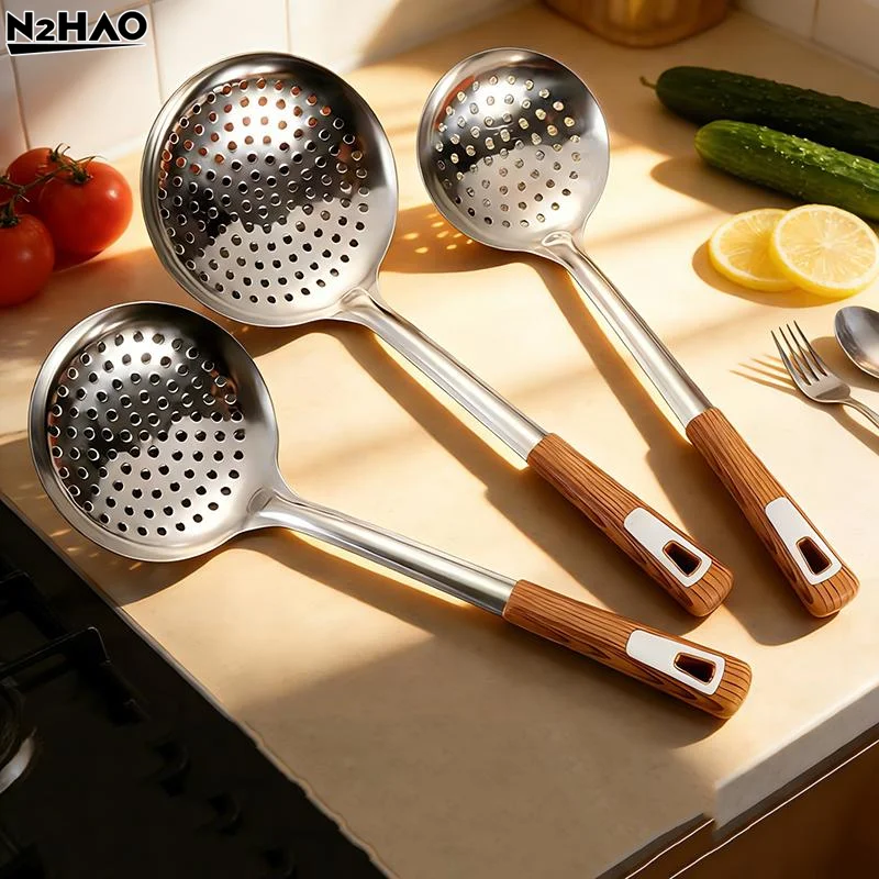 Thickened Stainless Steel Colander Filter Spoon Multifunctional Oval Oil Skimmer Scoop Long Handle Ramen Scoop Kitchen Utensils