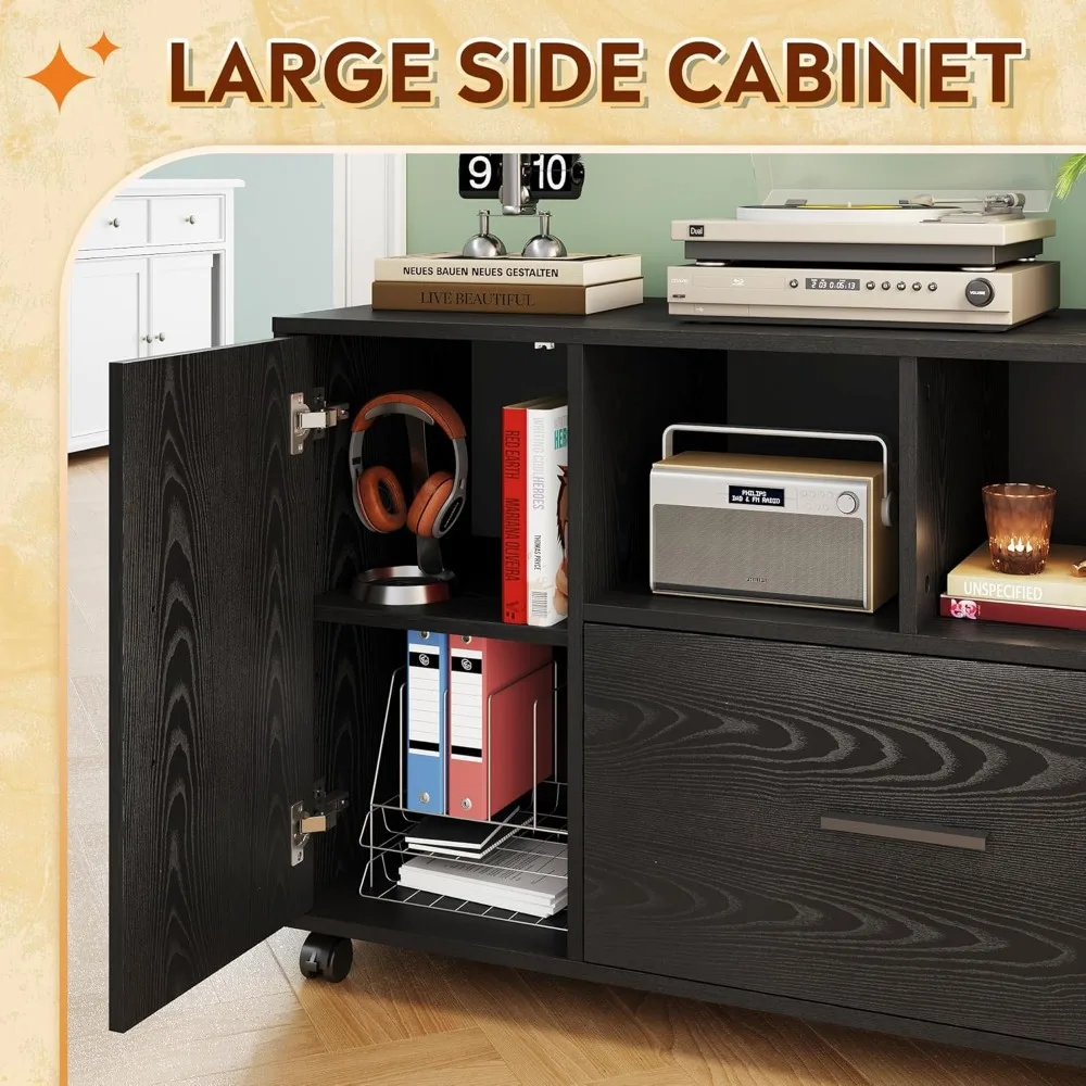 خزانة ملفات مكتب DEVAISE مع قفل، خزانة ملفات جانبية خشبية ذات درج واحد على عجلات، حامل طابعة مع أرفف تخزين مفتوحة f