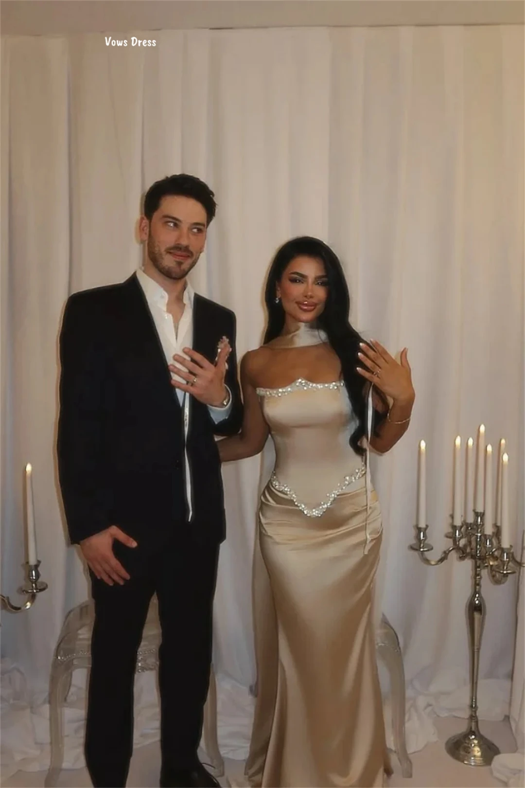 Vows 피쉬테일 스커트 우아한 이브닝 파티 드레스 여성용 새틴 천 여성용 이브닝 드레스 2025 맞춤 제작 비즈 자수