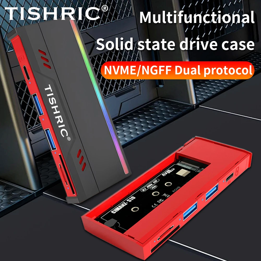 

TISHRIC HDD Enclosure External hd Case M2 SATA PCIE Dual Protocol Box Adapter Multifunctional portable Case USB 3.1 to NVME/NGFF