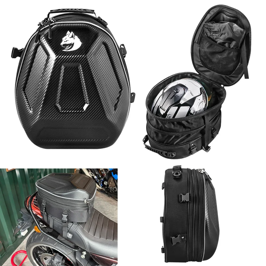 motorcycle-back-seat-bag-waterproof-helmet-bag-carbon-fiber-texture-hard-shell-travel-storage-luggage-rider-backpack