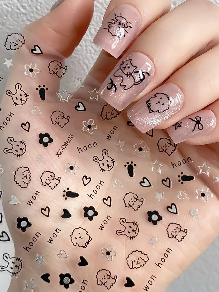 1 pièces 3D mignon Graffiti animaux (chien/chat) autocollant pour ongles 10*8 cm mixte dessin animé noir Kawaii amour étoile ongles décalcomanies coréen manucure déco