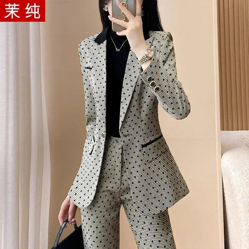 4-G1  Fashion suit for women, stylish and fashionable black and white houndstoot-piece suit, high-end light luxury women\'s c