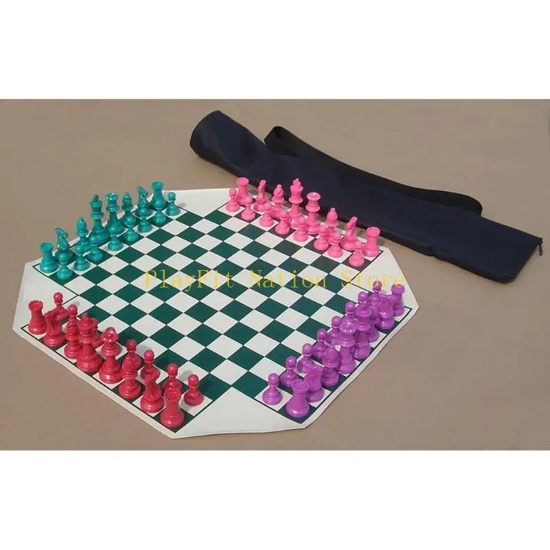 

242F 4-player Chess Board Game Medievals Chess Set With Leather Chessboard Combination Chess Game for Up to 4 Player