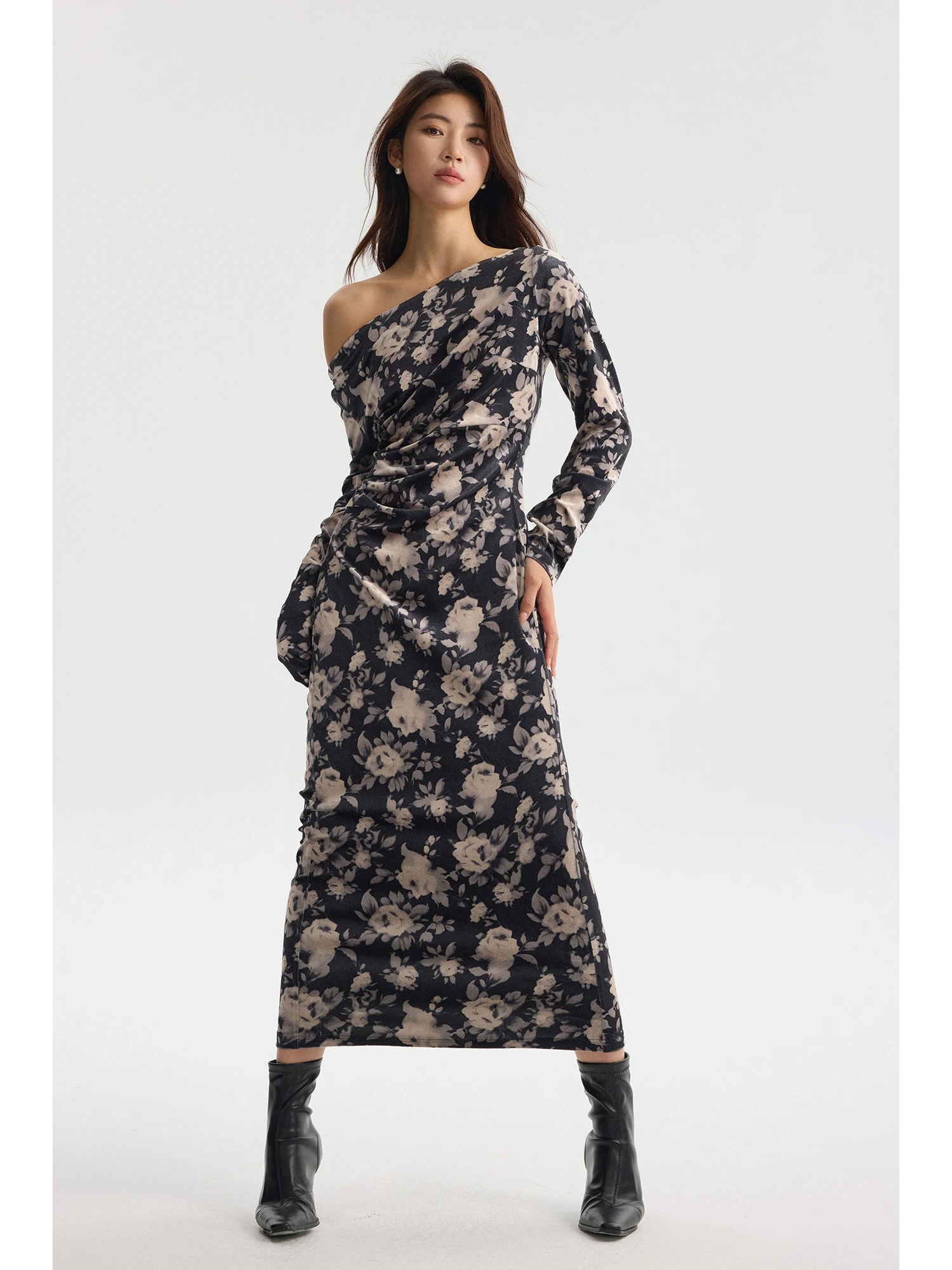 

owyee Autumn Winter High Densi Velvet Print Warm Slope oulder One oulder Long Sve Dr Versatile Long Sve Dr