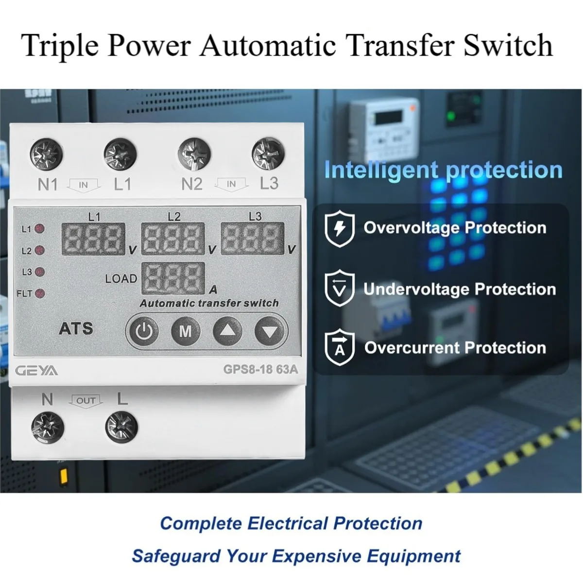 110V/220V 3 Phase 3P+N Phase Selector Adjustable Over Under Voltage Current Protector ATS Automatic Transfer Switch Monitoring