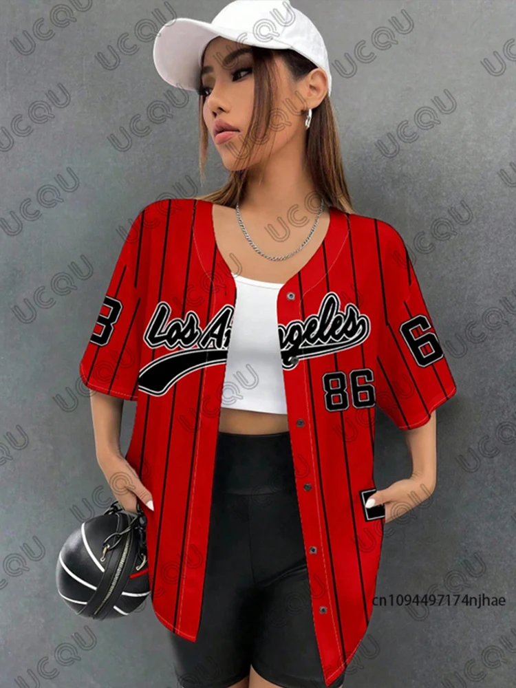 Red LA 86 Stripe Baseball Shirt | Summer Streetwear Button Up Top for Women Men