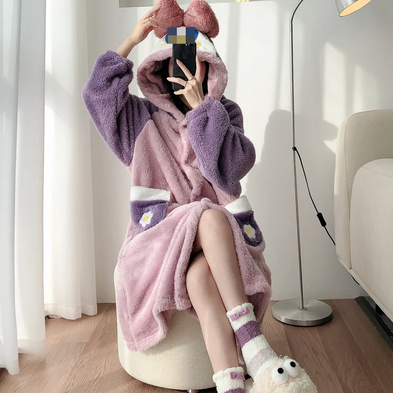 Autumn Winter Kawaii Cartoon Pajama Sets Women Pyjamas Cosplay Anime Nightgowns Flannel Long Robes Thick Coral Fleece Nightdress