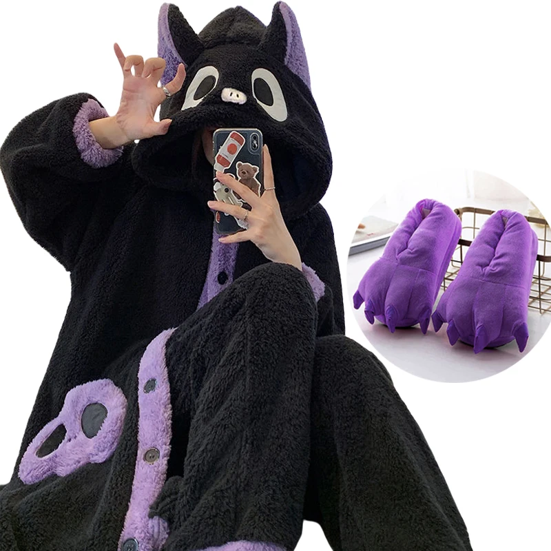 2024 Winter Pajamas Bat Robe Homewear Lounge Sleepwear Warm Comfy Kawaii Halloween Party Vampire Cosplay Costume