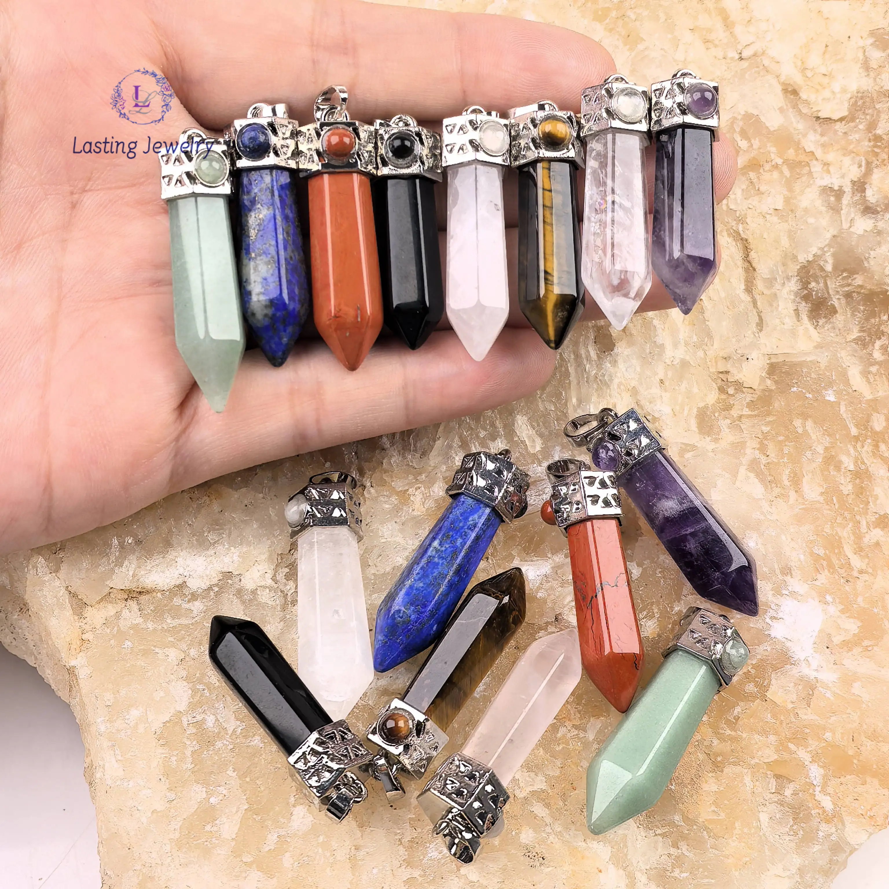 

Healing Crystal Reiki Quartz Point Pendants,Energy Gemstone Amethyst Lapis Aventurine Hexagonal Charms Necklace DIY Jewelry Gift