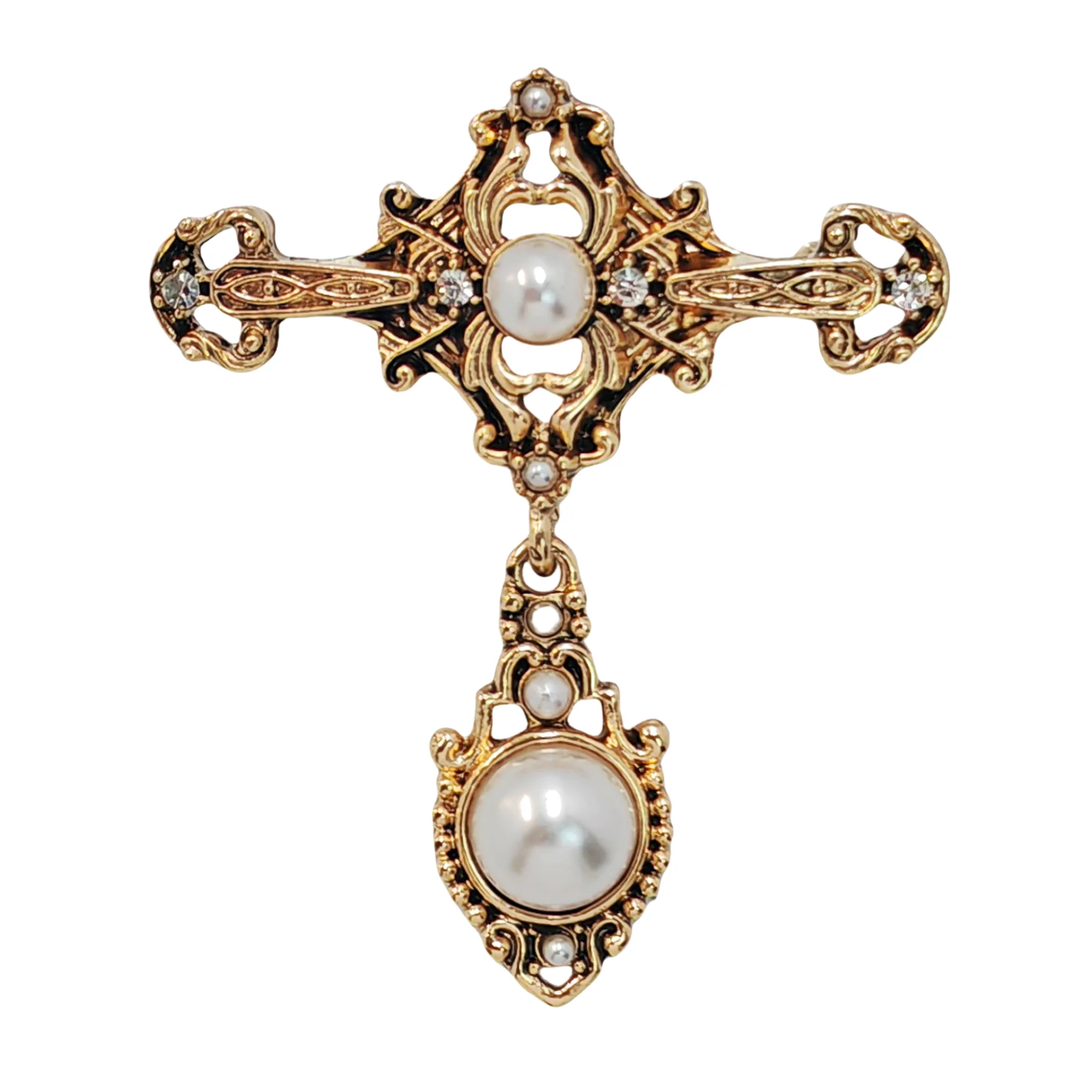 

Elegant Gold - toned Cross Brooch with Pearl and Crystal Embellishments