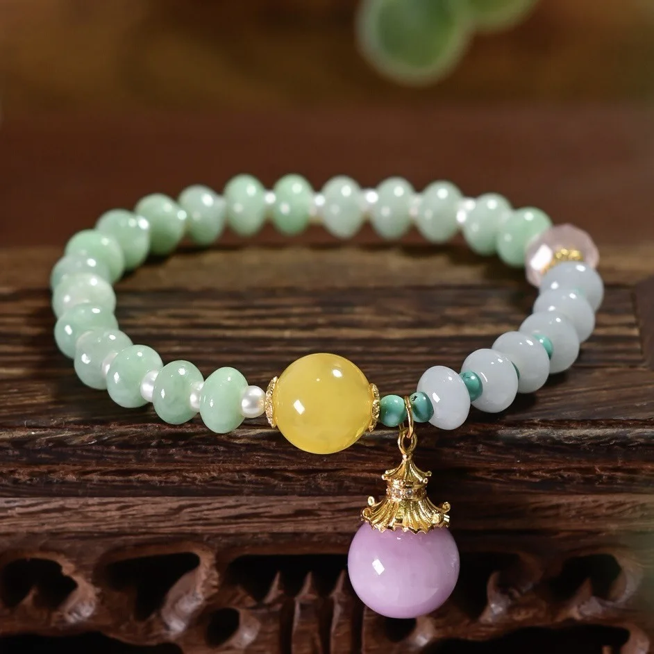 Natural Two-tone Jade Apple Bead Bracelet Freshwater Pearl Amber Kunzite S925 Silver Gold Plated Chinese Women Jewelry