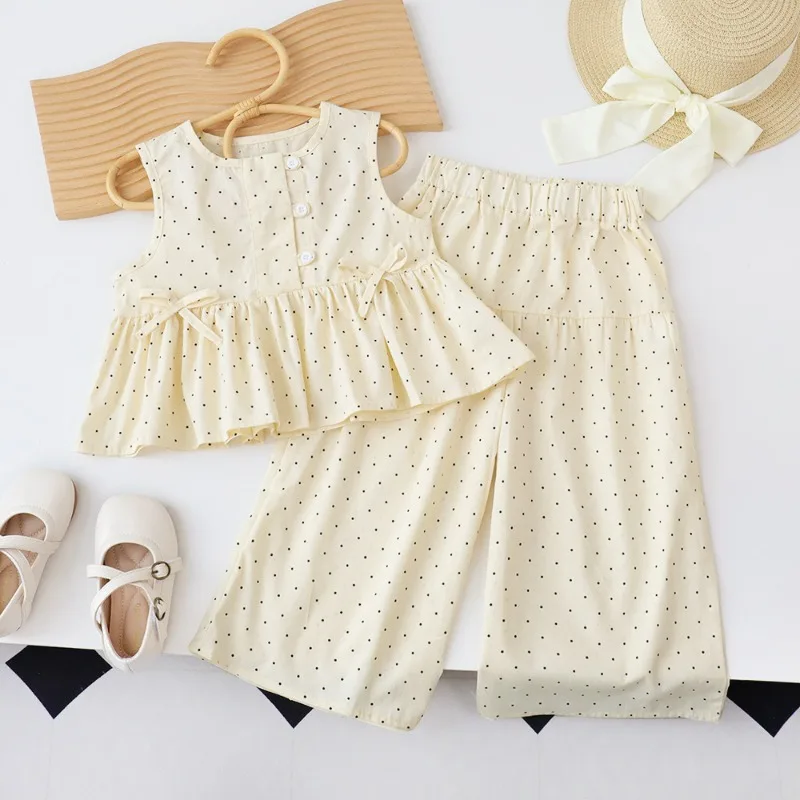 2-teiliges Set für Kinder, Freizeitkleidung für Babys, Mädchen, Rundhalsausschnitt, ärmellos, gepunktetes Oberteil + Hose mit weitem Bein, Set mit Schleife und Knopf