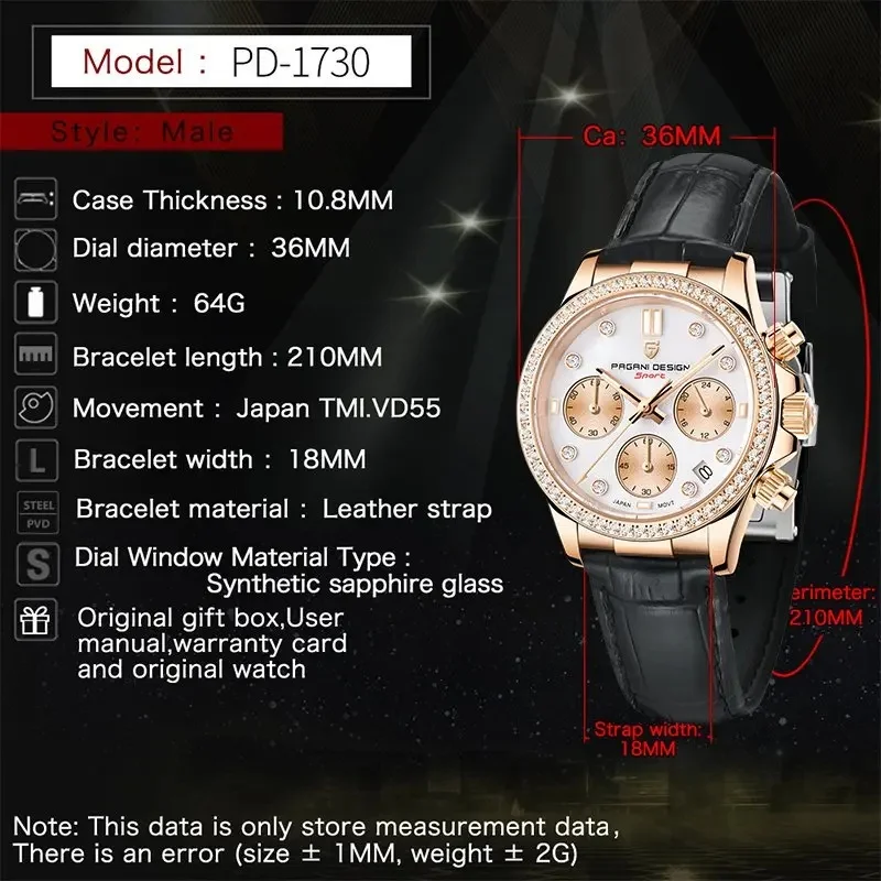 PAGANI DESIGN Women Quartz Watch Diamond Encrusted Sapphire Glass Chronograph Leather Strap Luxury Wristwatch with Gift Box