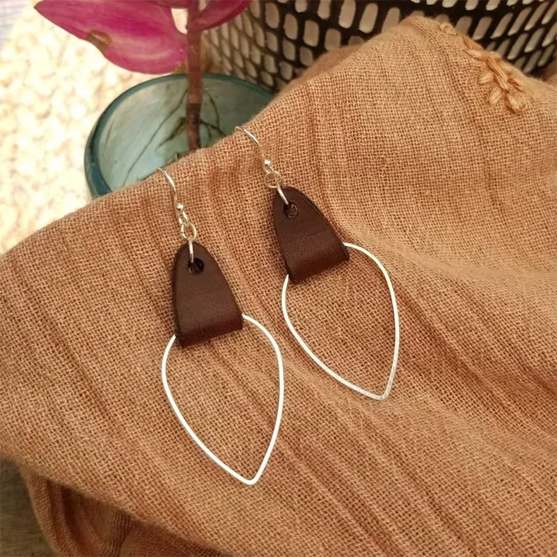 Bohemian Style Brown Leather Patchwork Drop Earrings Made of Zinc Alloy for Ladies. Perfect for Beach Party or Casual Gathering.