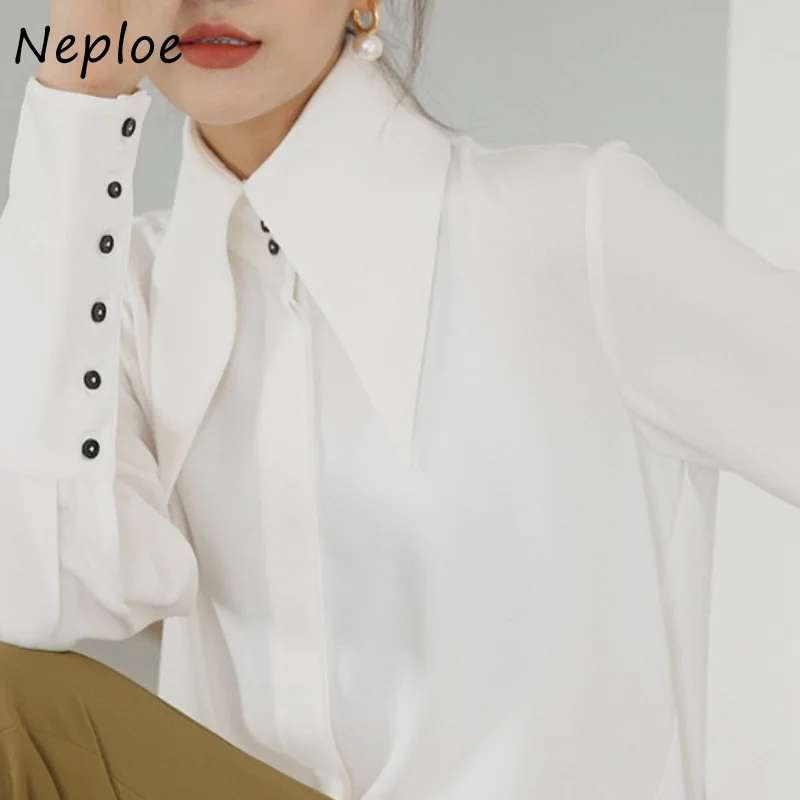 Neploe Turn Down Collar Solid Color Long Sleeve Shirts Early Spring Vintage Blusas Mujer De Moda 2024 Single-breasted Blouses