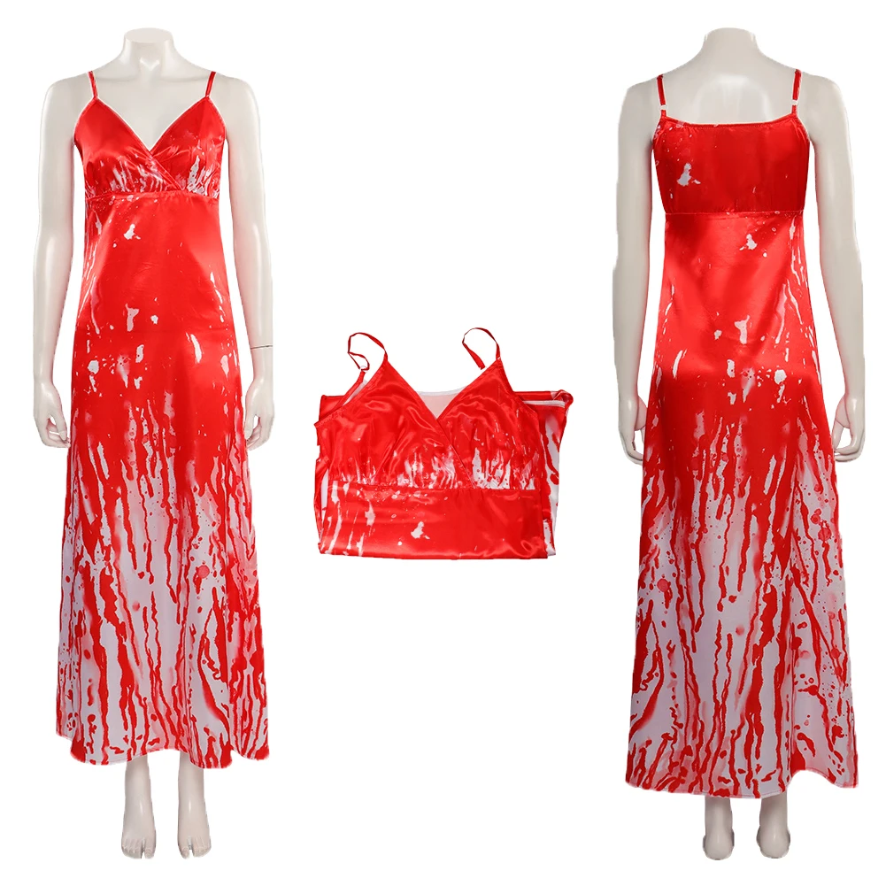 Horror Movie Carrie Cos White Cosplay Costume Red Printed Dress Halloween Carnival Party Suit Outfits For Adult Women Roleplay