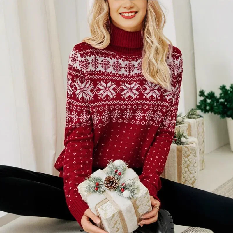 Winter Fashion Snowflake Patterned Overhead Style Red Color Base Shirt for WomenChristmas Theme High Collar Knitted Sweater