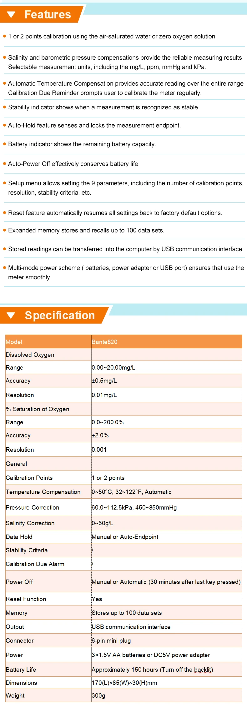 Bante820 DO Meter Портативный тип Экономичный измеритель растворенного кислорода с соленостью и компенсацией барометрического давления