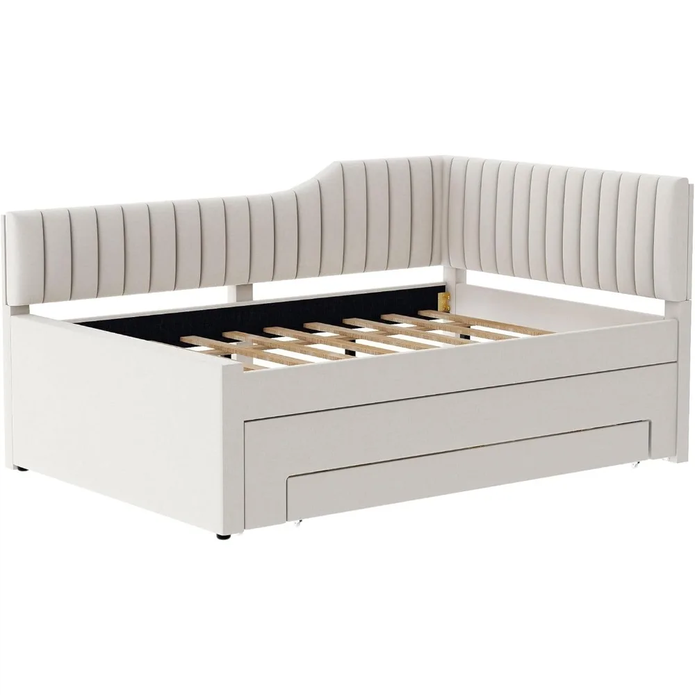 سرير نهاري منجد بالكامل من SOFTSEA مع دولاب وأدراج، سرير نهاري حديث على شكل حرف L مع مسند ظهر منحني معنقدة، زاوية من قماش الكتان