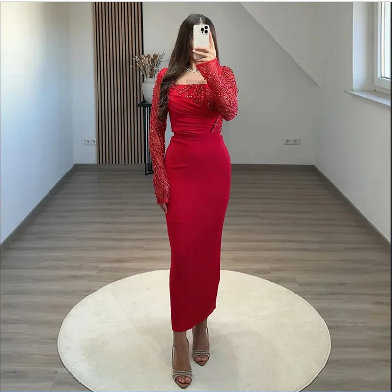 

Red Evening Dress Customized Long Sleeves Square Neck Beading Pearls Ankle Length Arabian Prom Gown Cocktail Party Dresses