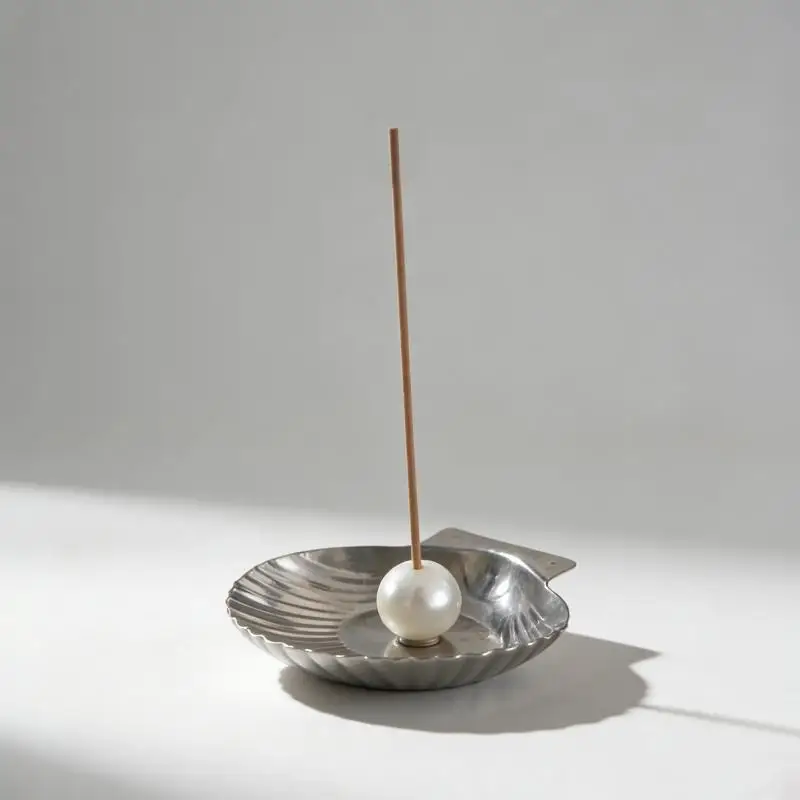 Stainless Steel Seashell-Shaped Incense Holder Faux Pearl Decor Portable Minimalist Mosquito Coil Tray Decorative Incense Rack