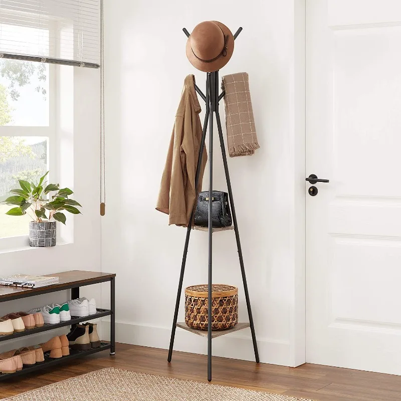 Industrial style freestanding coat rack with 2 triangular shelves for bedroom pocket storage
