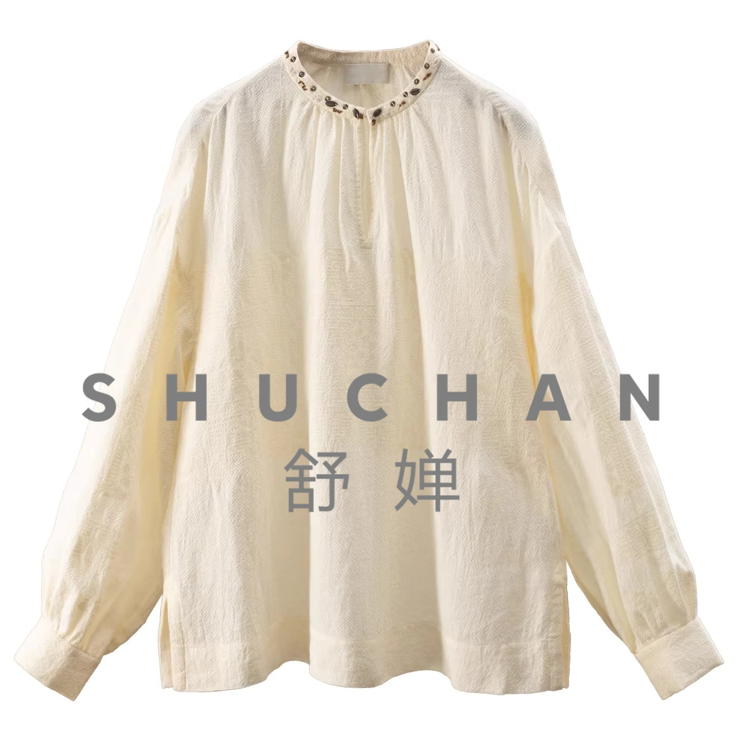 

Fashion Blouse Women Niche Luxury Brand Nail Beads Tussah Silk Linen Stand-up Collar Shirt Women 97I7