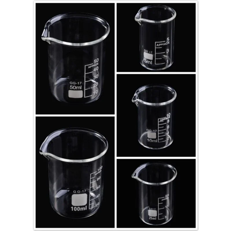 5pcs/set Glass Beaker 5/10/25/50/100ml Laboratory Measuring Cup Glassware For School Study Lab Glass Beaker Set