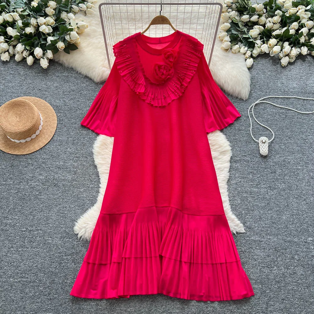 Chic sexy O-collo tridimensionale increspato fata A-line allentato estate donna Boho vestito estivo abbigliamento donna