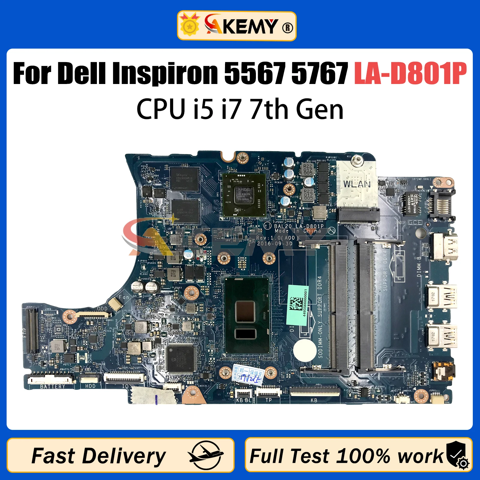 AKEMY LA-D801P Laptop Motherboard For DELL Inspiron 15 5567 17 5767 CN-0KFWK9 0KFWK9 Notebook Mainboard With I5-7200U I7-7500U