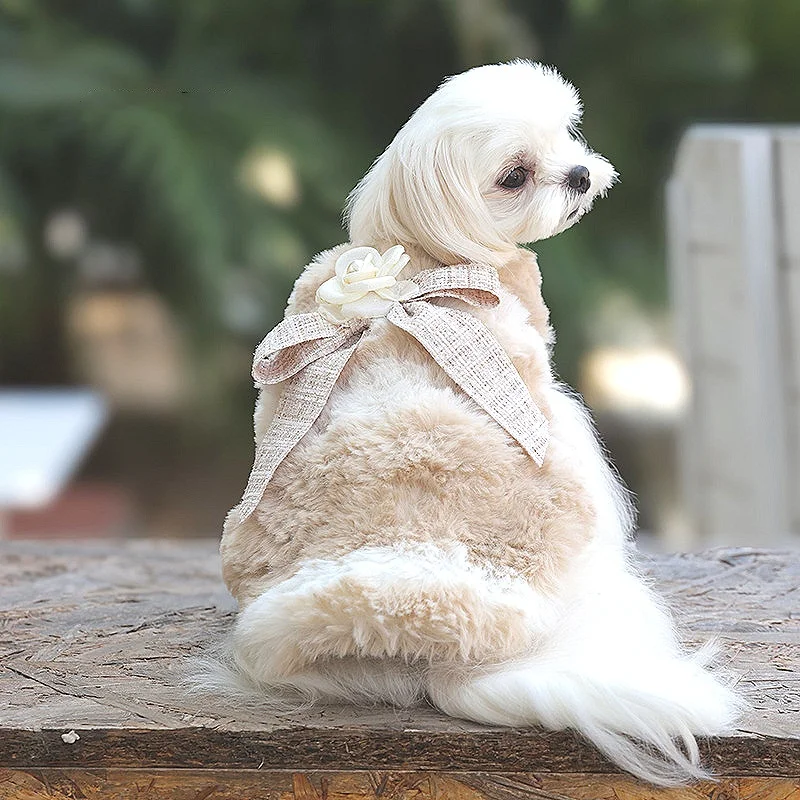 Gradient Faux Fur Pet Vest for small dogs dog fleece Winter Coat with Plaid Bow & Pearl Flower dog winter plush outfit pink
