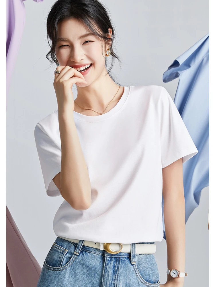2026 Summer Women 80s Double Sided Mercerized Cotton T-shirt White Round Neck Short Sleeve Slim Fit Minimalist Casual Basic Tops