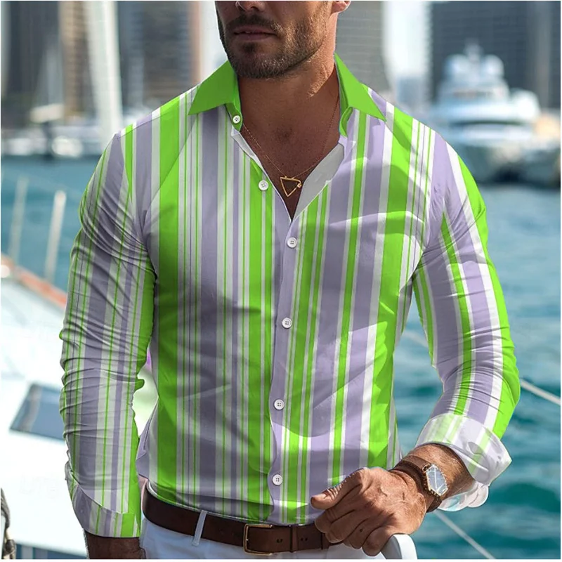 2024 Fashionable Casual Men\'s Line Printed Shirt Formal Spring Summer Lapel Long Sleeve 25 Colors XS-5XL Stretch Fabric Shirt
