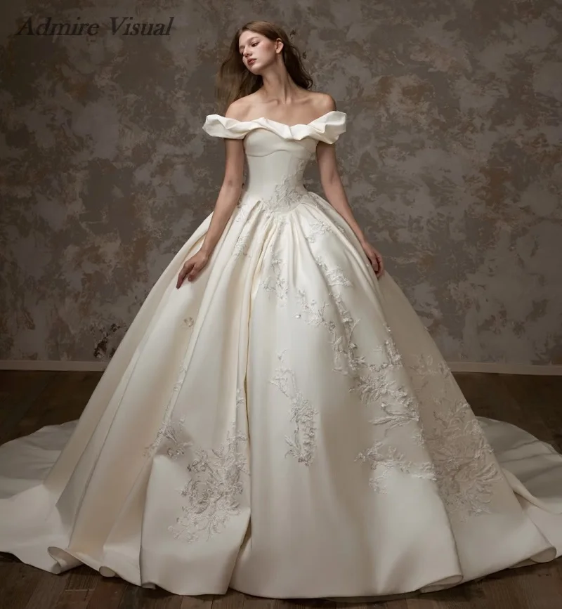 

Admire Visual Wedding Dress Ball Gown Satin Basque Off The Shoulder With Lace Appliques Customized Bride Gowns