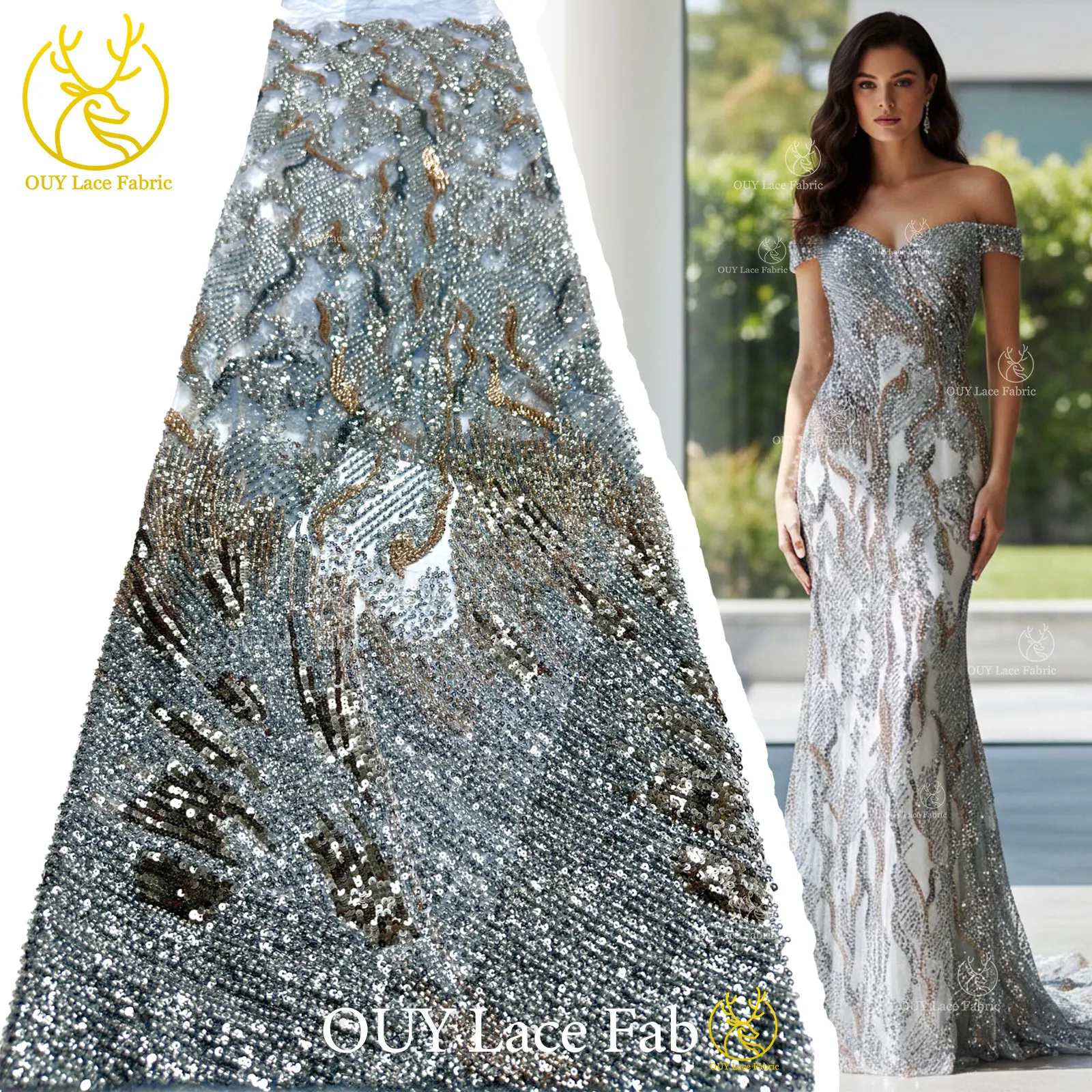 

Latest African Beaded Lace Fabric 2026 High-Quality Nigerian Sequins Lace Fabric for Women's Evening Wedding Dresses 5 Yards