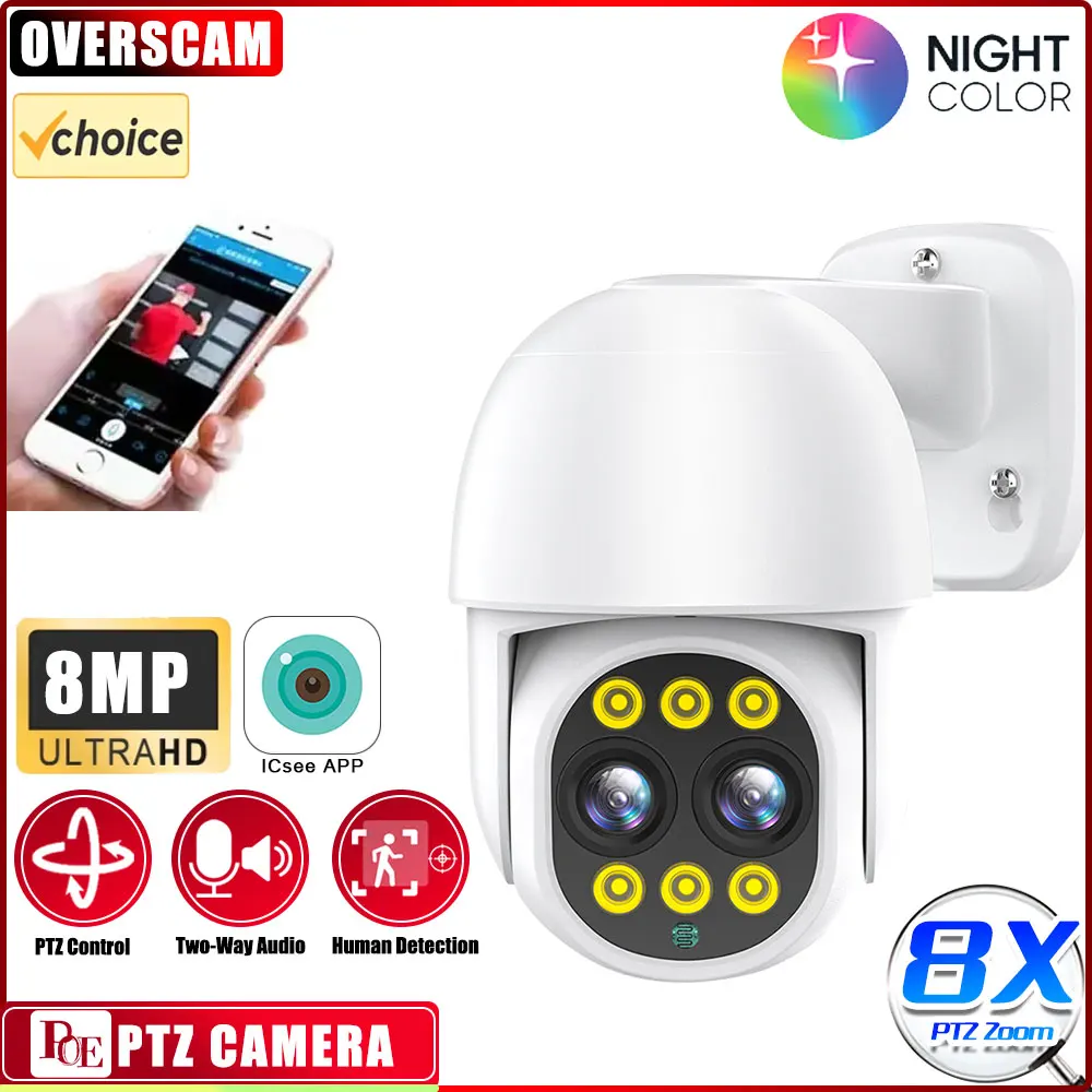 

8MP 4K Dual Lens POE IP Camera PTZ 8X PTZ Zoom Smart Home 360° Wired Video Surveillance IP Camera Human Detection CCTV ICsee XMe