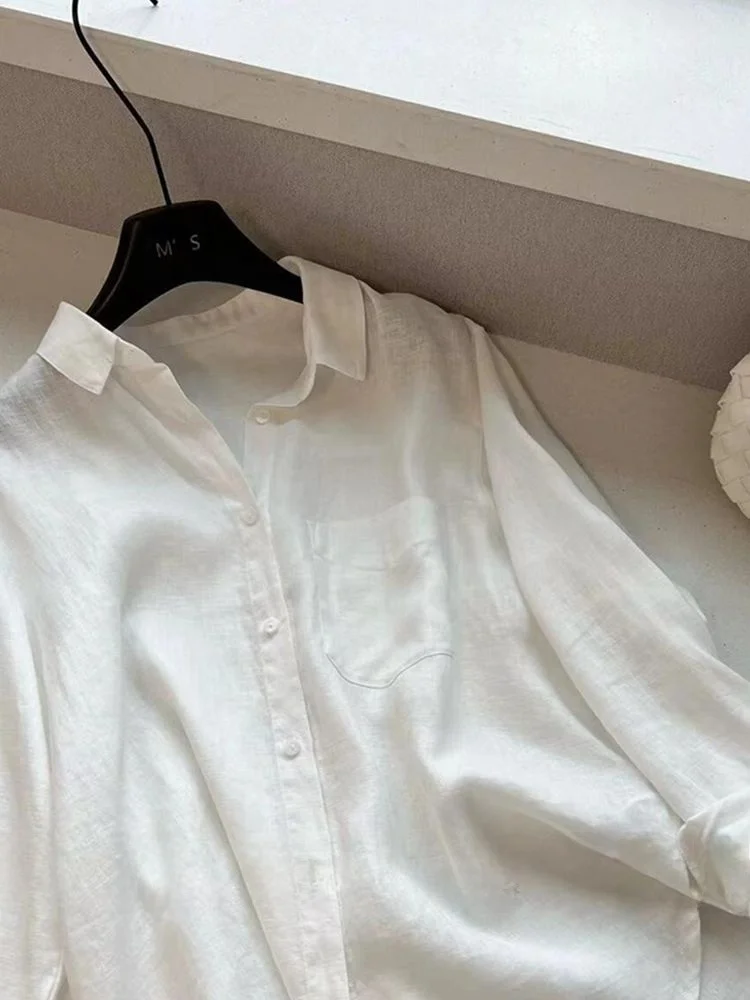 موصى به! قميص نسائي كاجوال من الحرير والكتان بياقة، أبيض اللون، تصميم ربيعي جديد على الطراز الكوري، قصة مستقيمة بأكمام طويلة