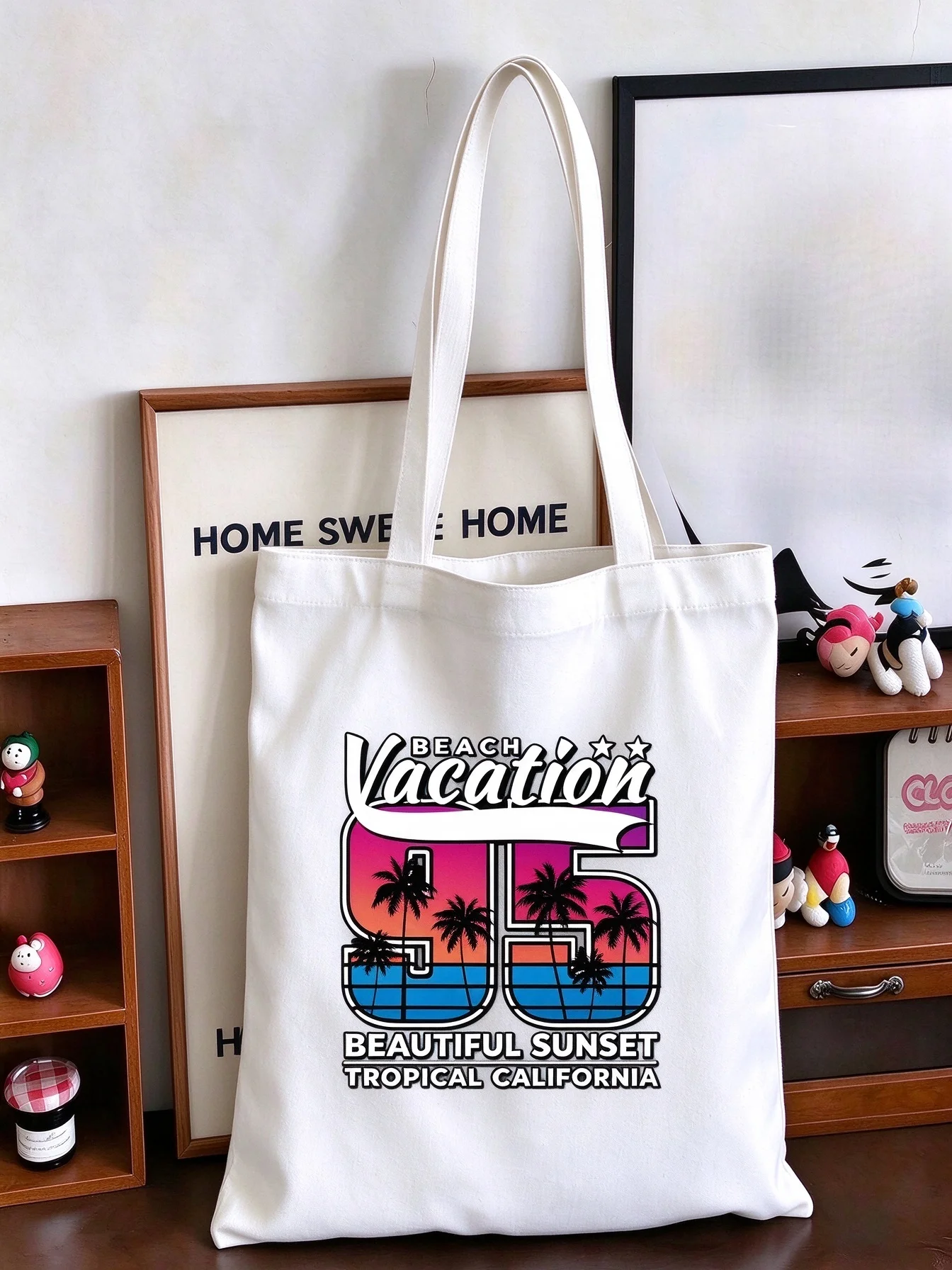2026 Canvas Tote Bag Retro California Beach Vacation Palm Tree Print Shoulder Bag Summer Casual Reusable Shopping Bag