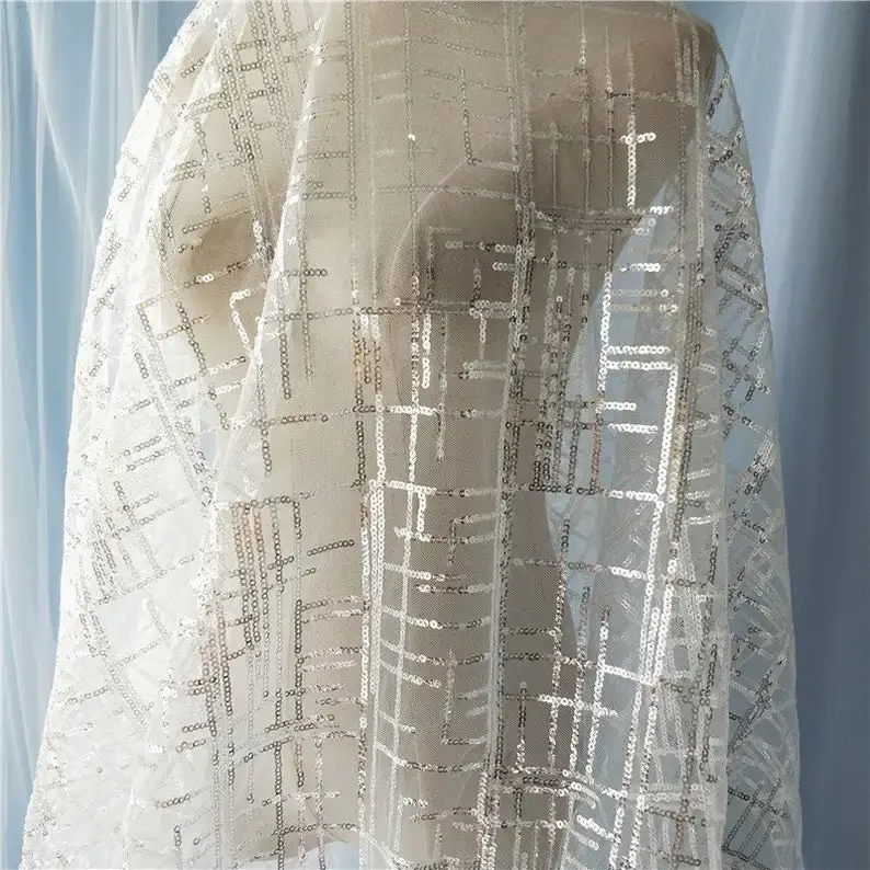 Glitter Sequins Lace Fabric In Grid Pattern Off White Color 2019 New Collection 51” Wide For Bridal Wedding Gowns, Formal Dress
