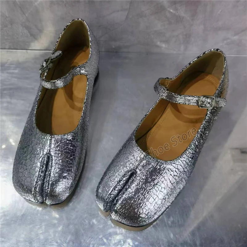 Split Teen Damesschoenen Bling Zilver Lage Hak Pumps Nieuwigheid Effen Kleur Casual Schoenen Zomer Hoge Kwaliteit Lederen Mary Jane Schoenen